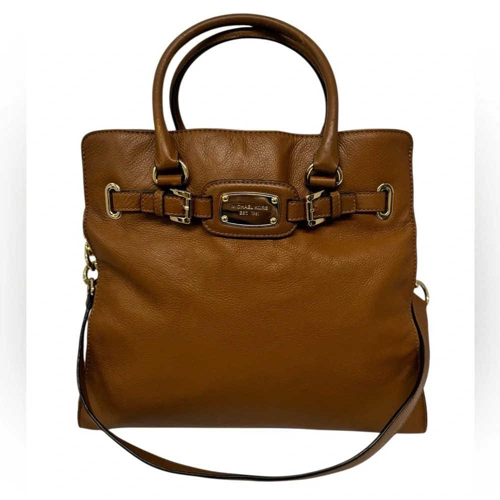 Michael Kors Hamilton Camel Brown Leather Satchel Tote Shoulder Bag 14 x 13 x 6 - Picture 1 of 16